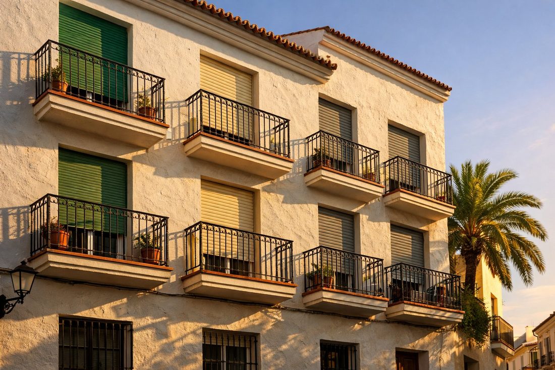 Fachada de edificio mediterráneo con persianas de colores en Viladecans