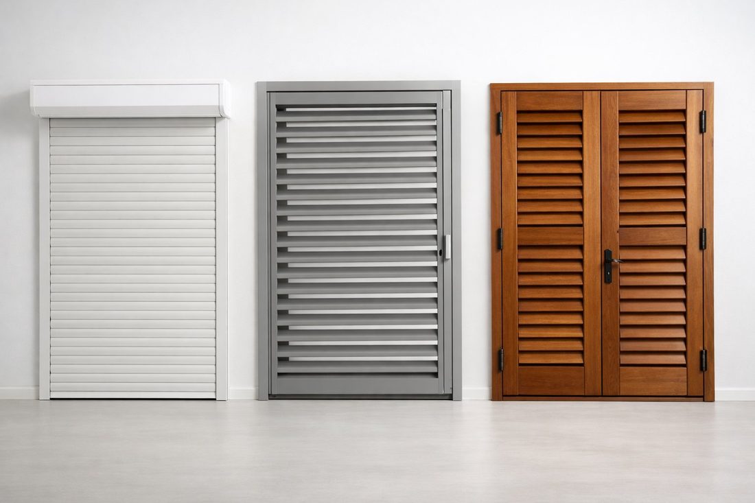 Tres tipos de persiana expuestos en showroom: enrollable, lamas y mallorquina