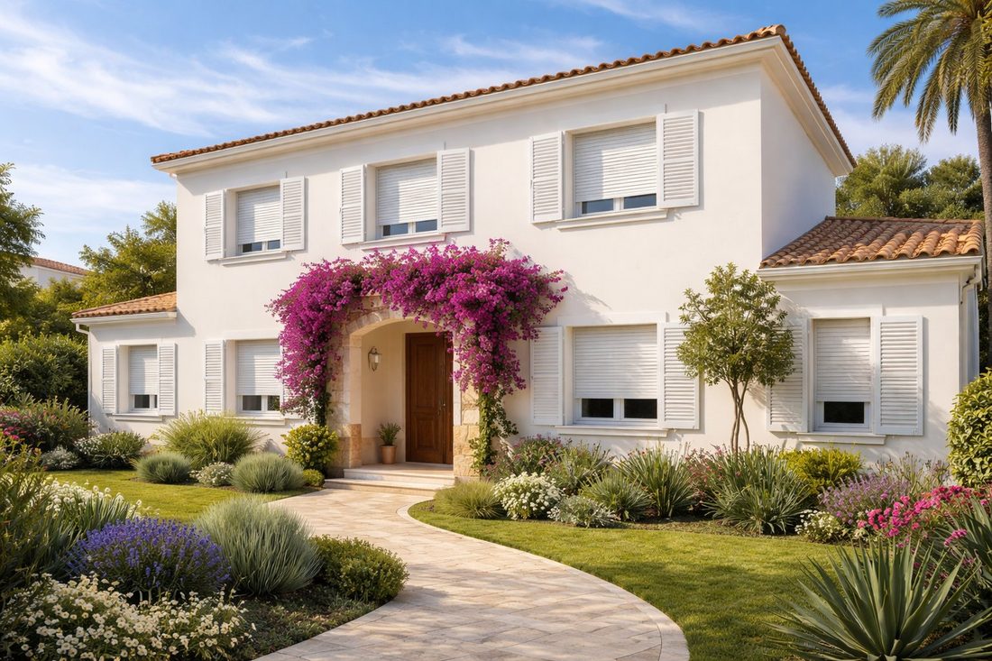 Fachada de vivienda mediterránea con persianas nuevas de aluminio blanco