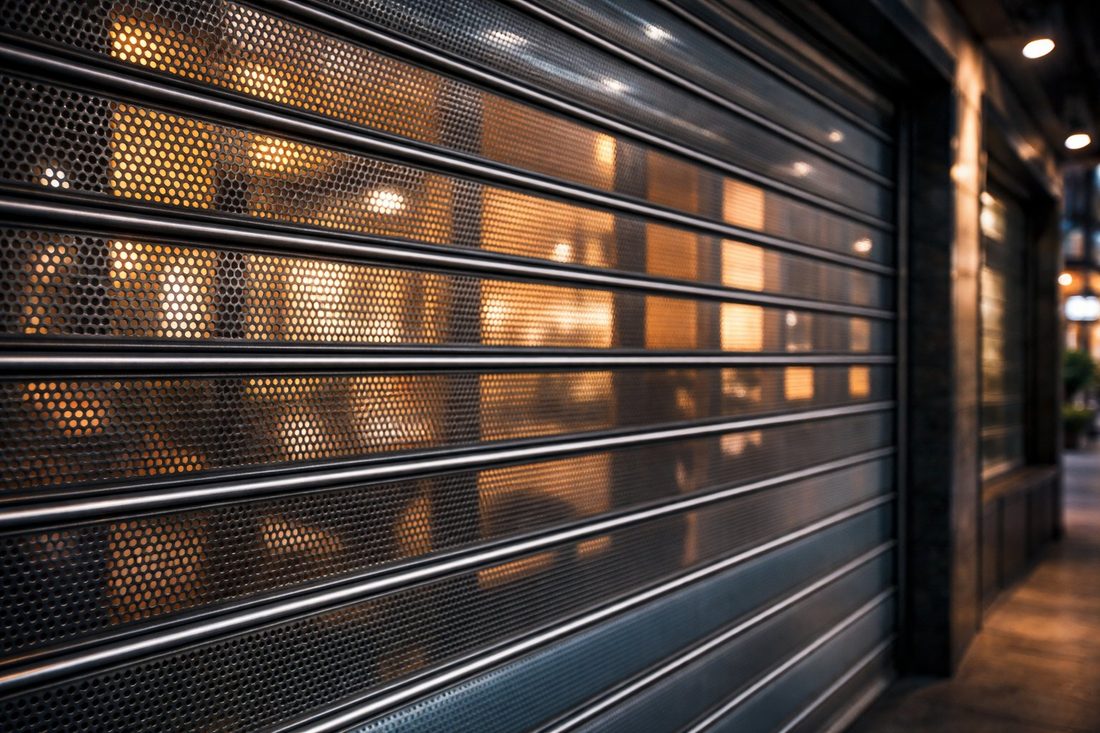 Persiana metálica microperforada de local comercial iluminada de noche