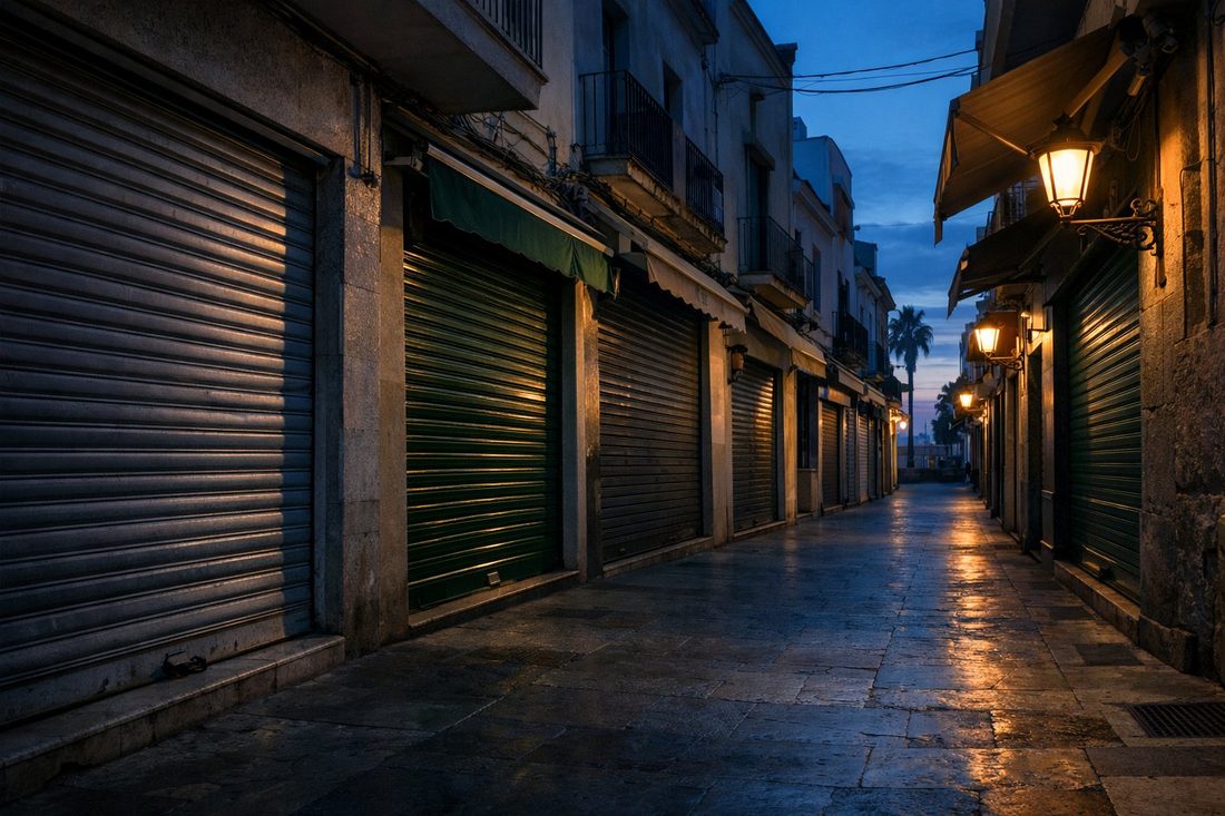 Calle comercial mediterránea al amanecer con persianas metálicas enrollables