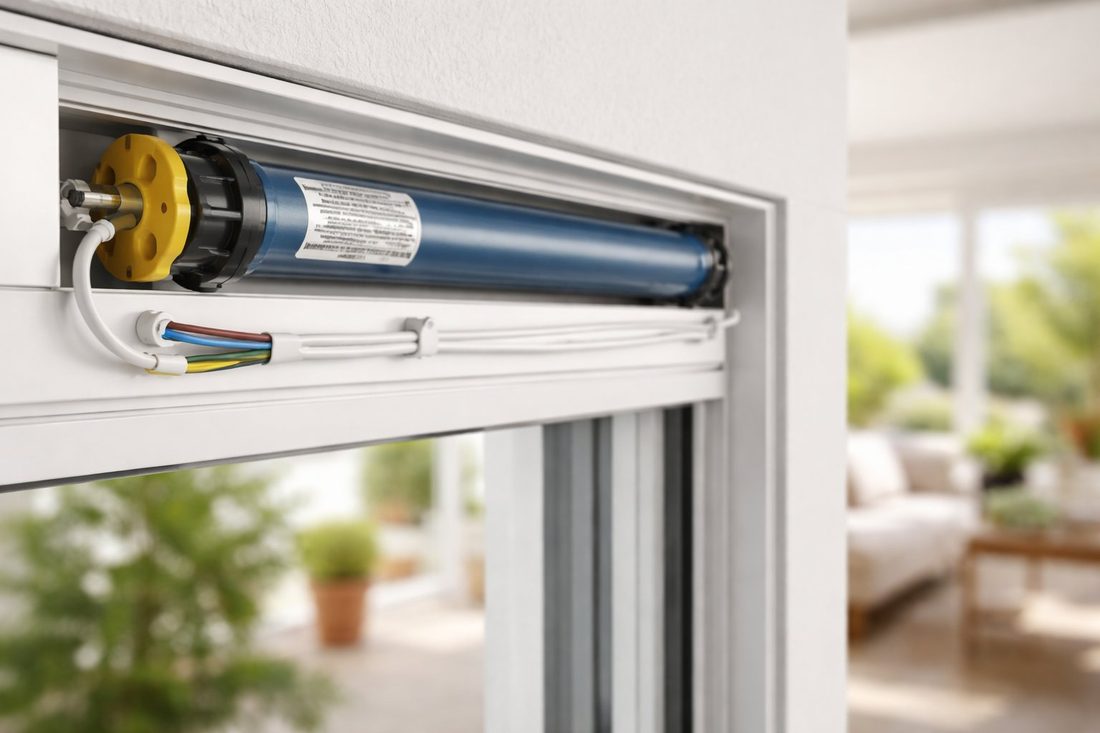 Motor tubular de persiana instalado en el cajón con cableado ordenado