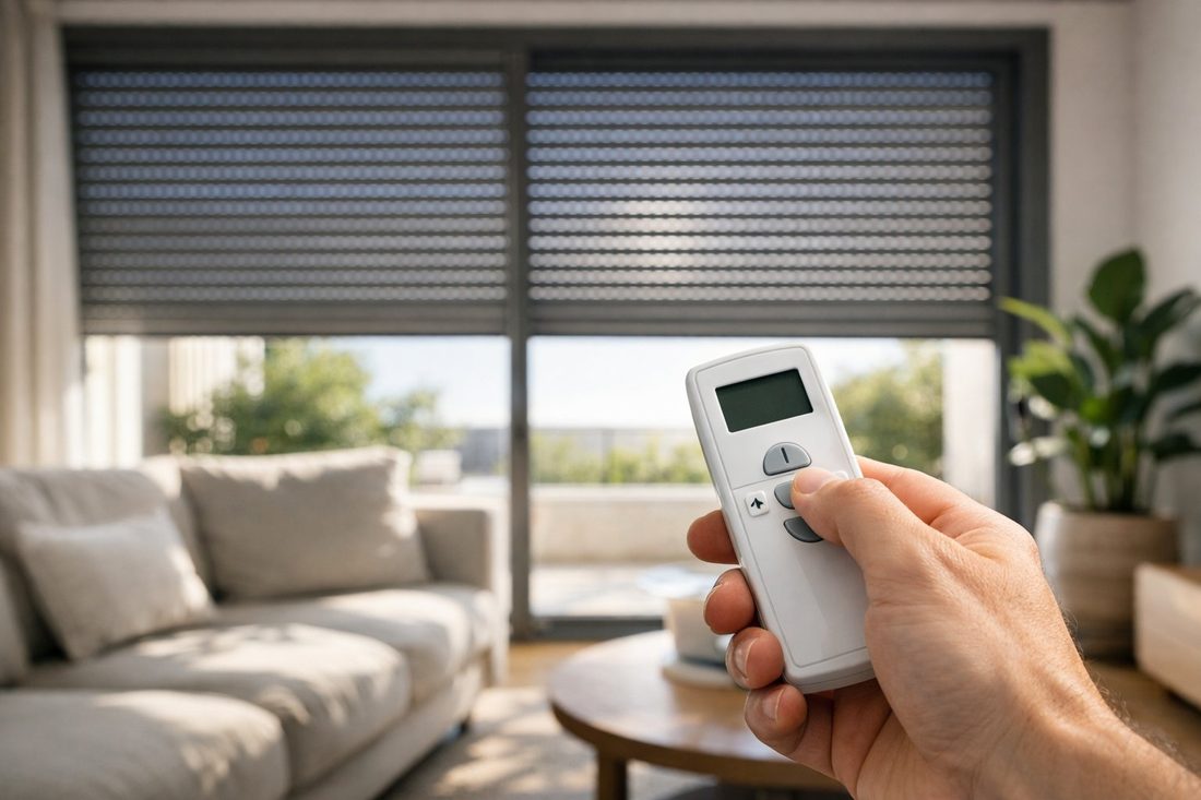 Mano sosteniendo mando a distancia frente a persiana motorizada en salón moderno