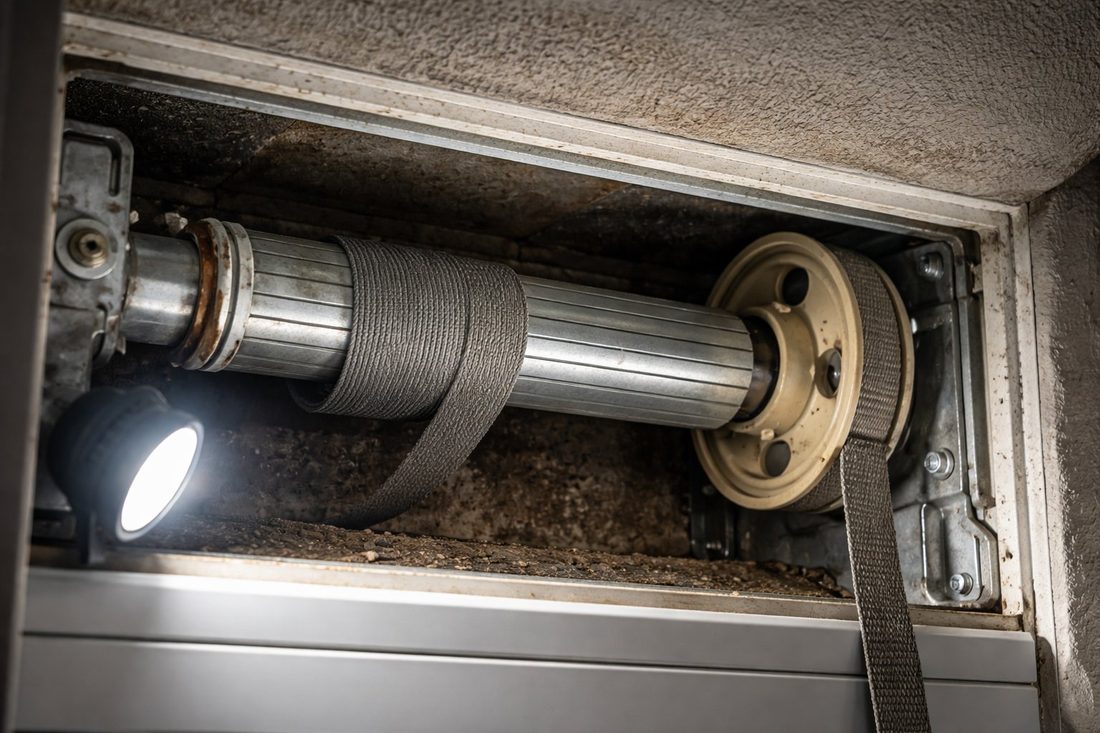 Interior del cajón de persiana mostrando eje, polea y cinta enrollada